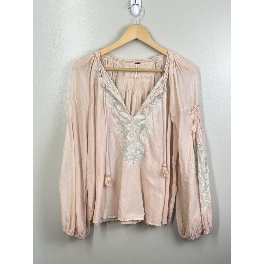 Free People Shimla Cotton Embroidered Lace Peasant Bishop Sleeve Peach Tassels S
